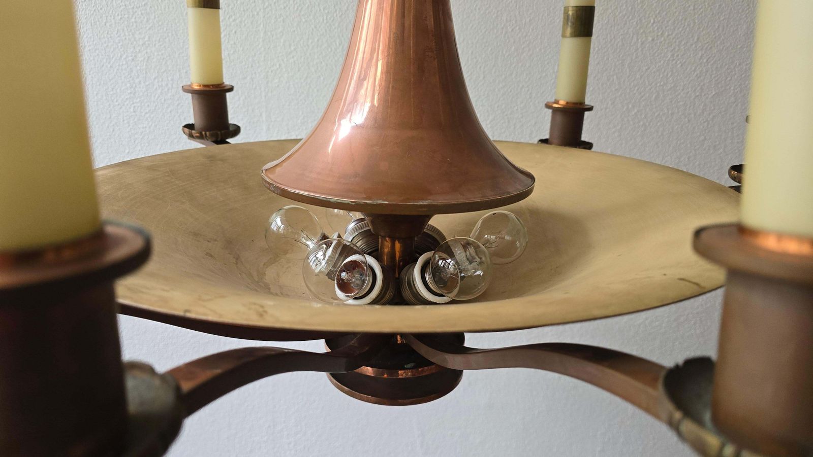 photo furniture Spectacular Italian Art Deco Copper Chandelier With Eight Opaline Glass Candles