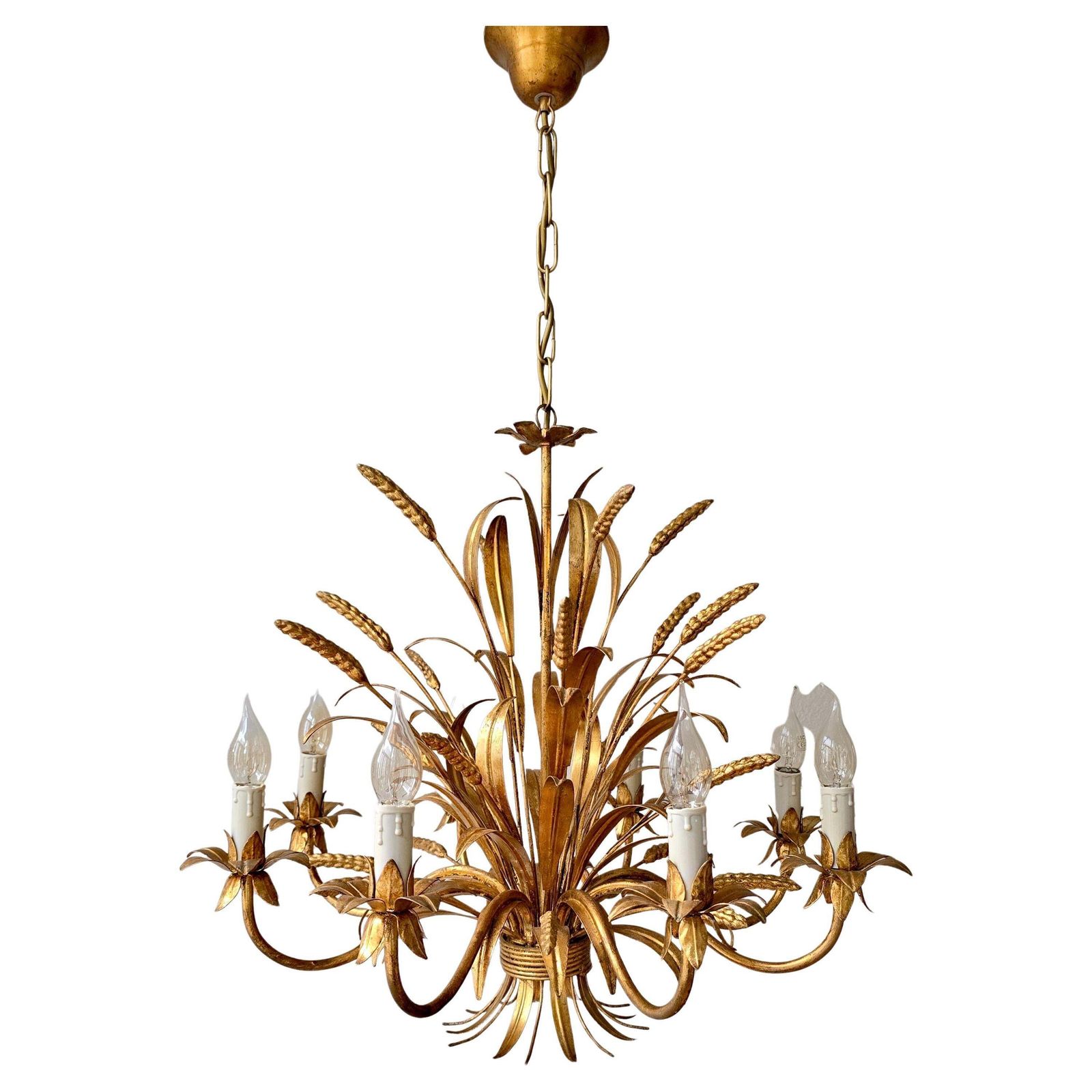 Large Italian Gilt Tole Wheat Sheaf Chandelier, Circa 1970s
