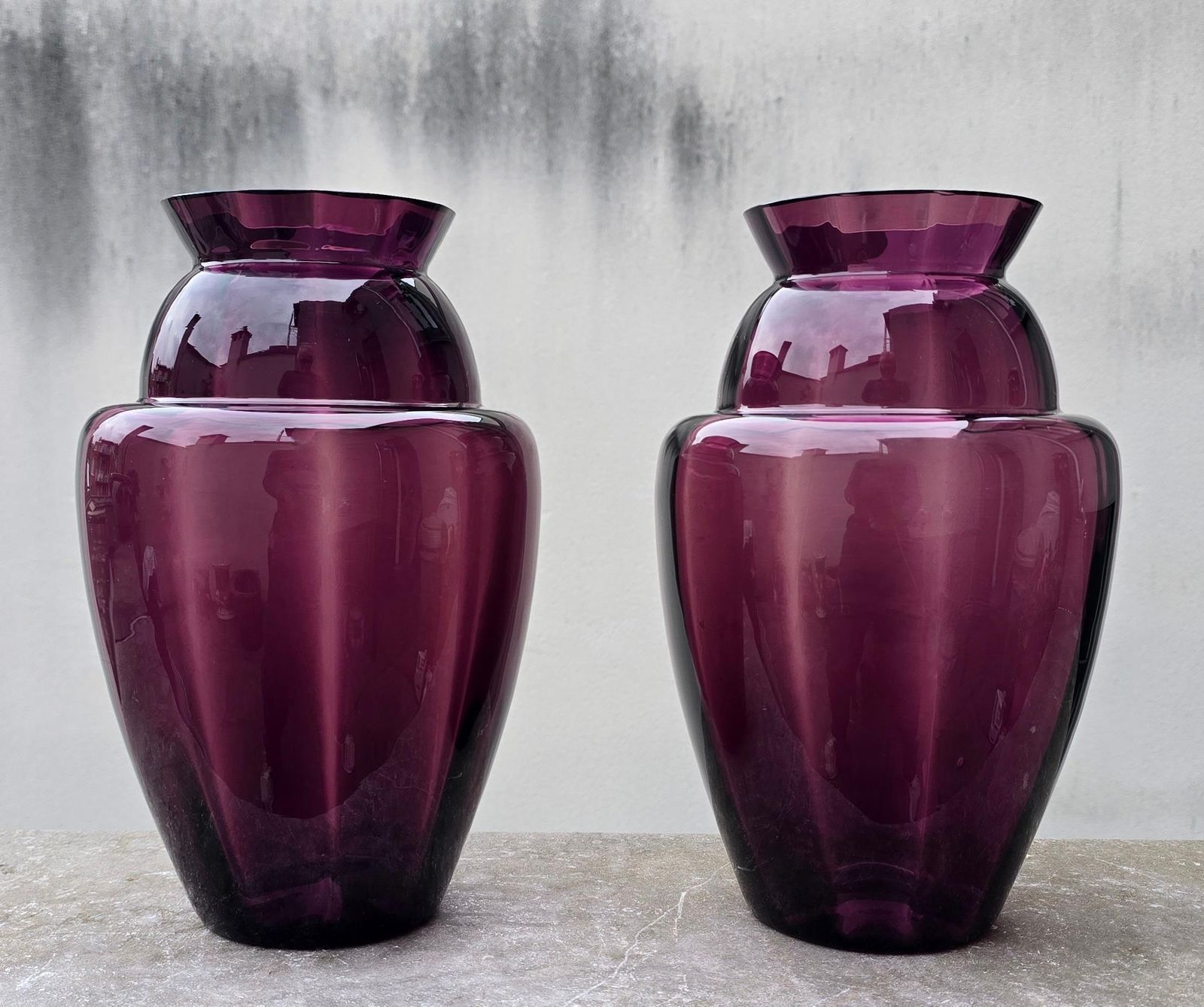 Elegant Pair Of Deep Amethyst Murano Glass Vases, Hand Blown In Italy, 1970s photo Home Decor