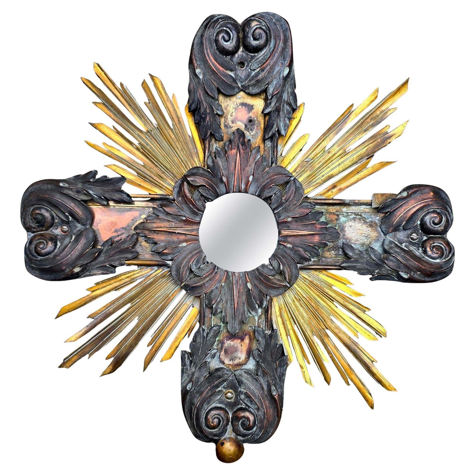 19th Century French Gilded And Patinated Metal Cross Mirror With Sunburst Rays