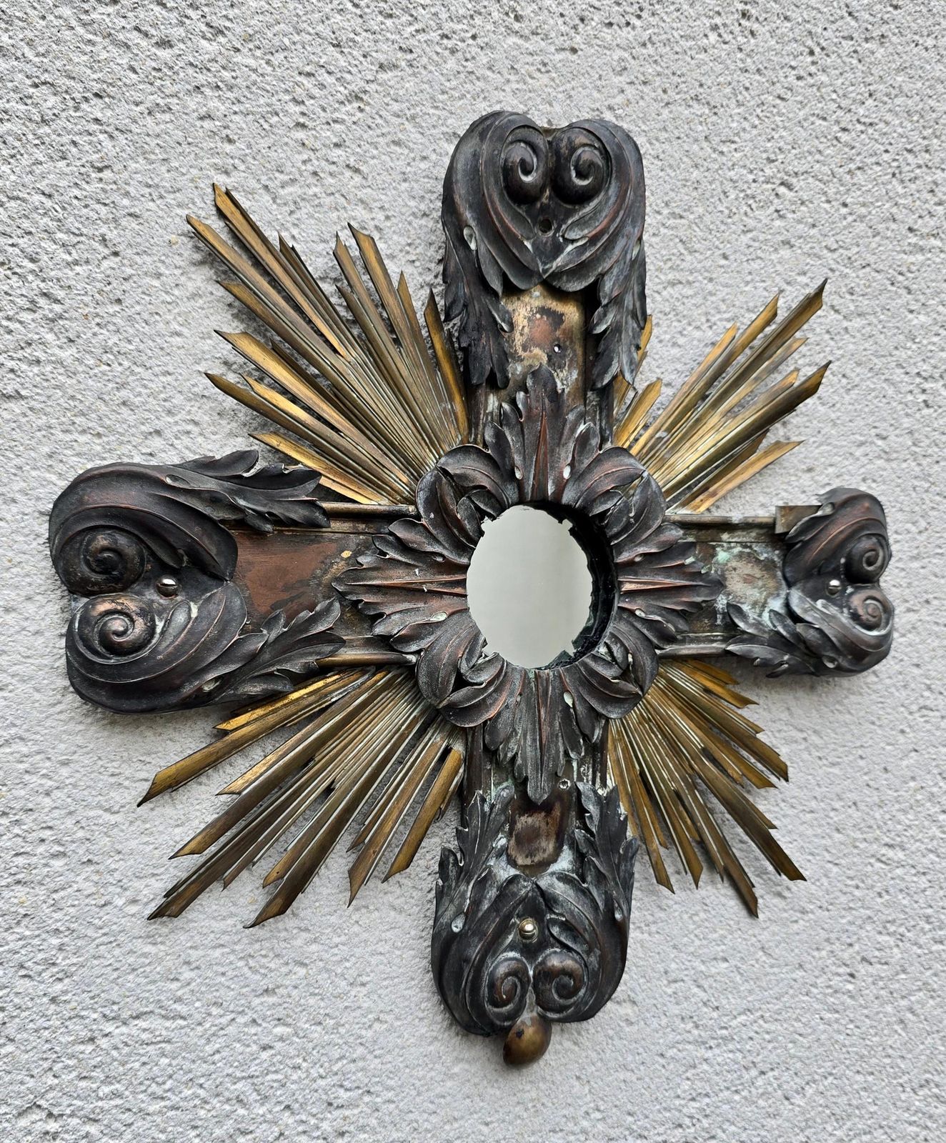 19th Century French Gilded And Patinated Metal Cross Mirror With Sunburst Rays photo for sale