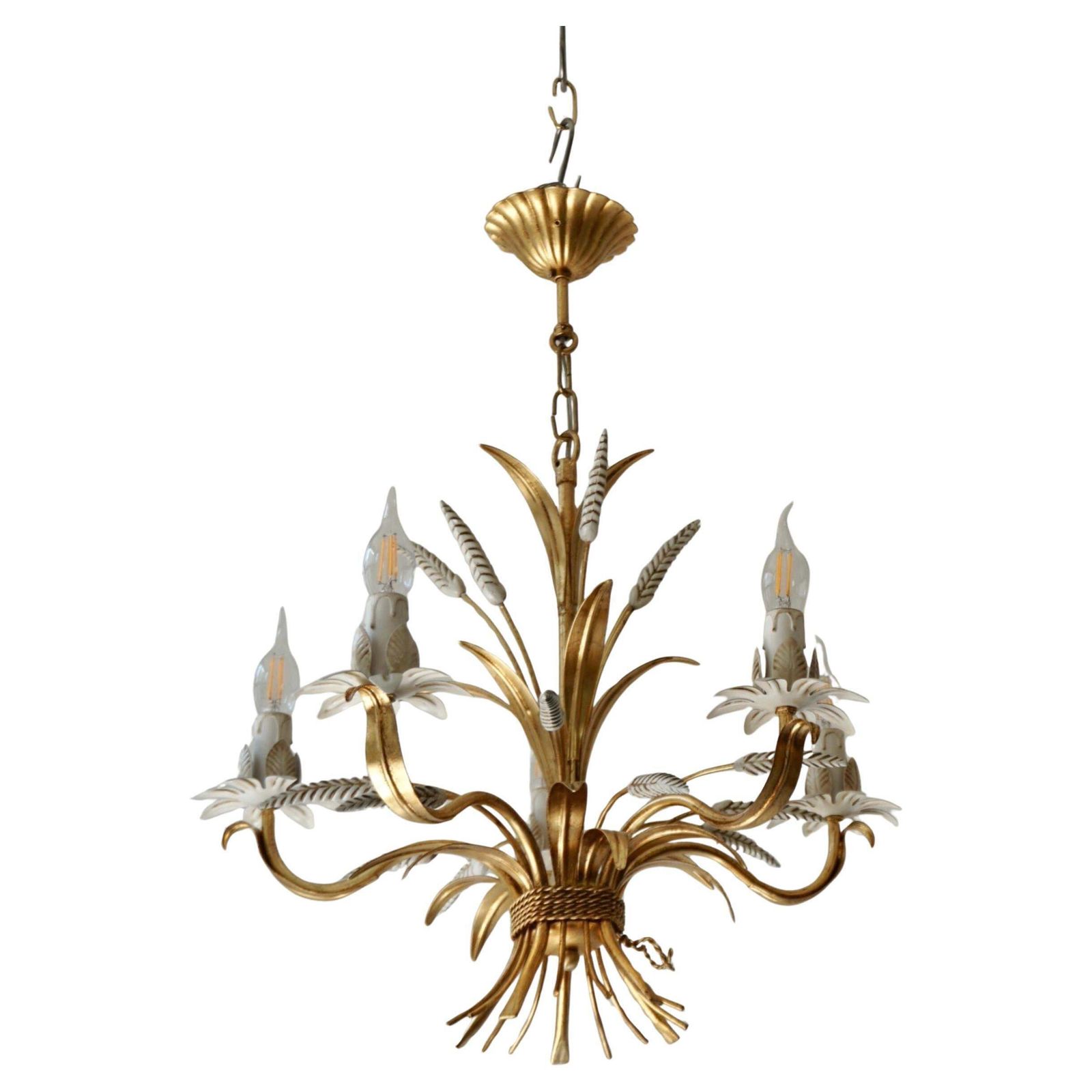 Gilt Italian Floral Sheaf Of Wheat Five Light Chandeliers Coco Chanel