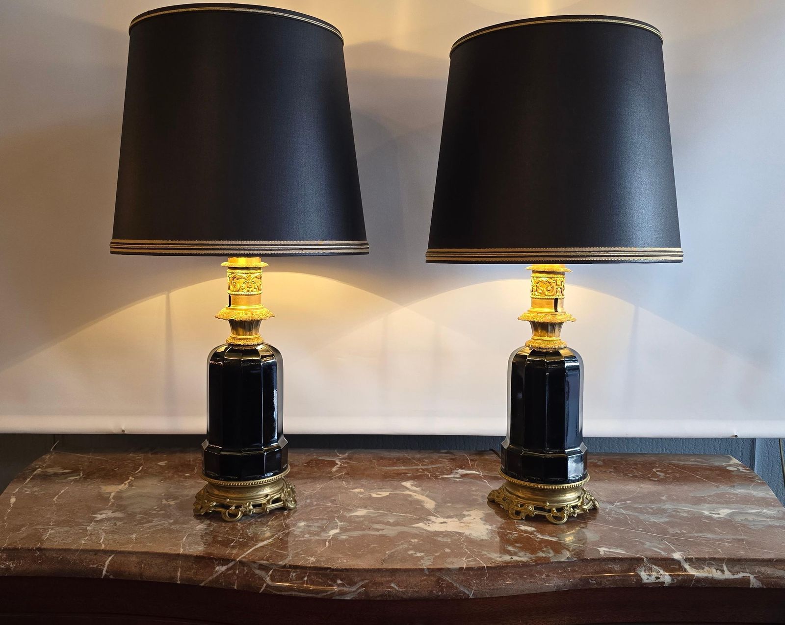 Pair Of French Black Opaline And Gilt Bronze Table Lamps, Circa 1870 photo Lighting