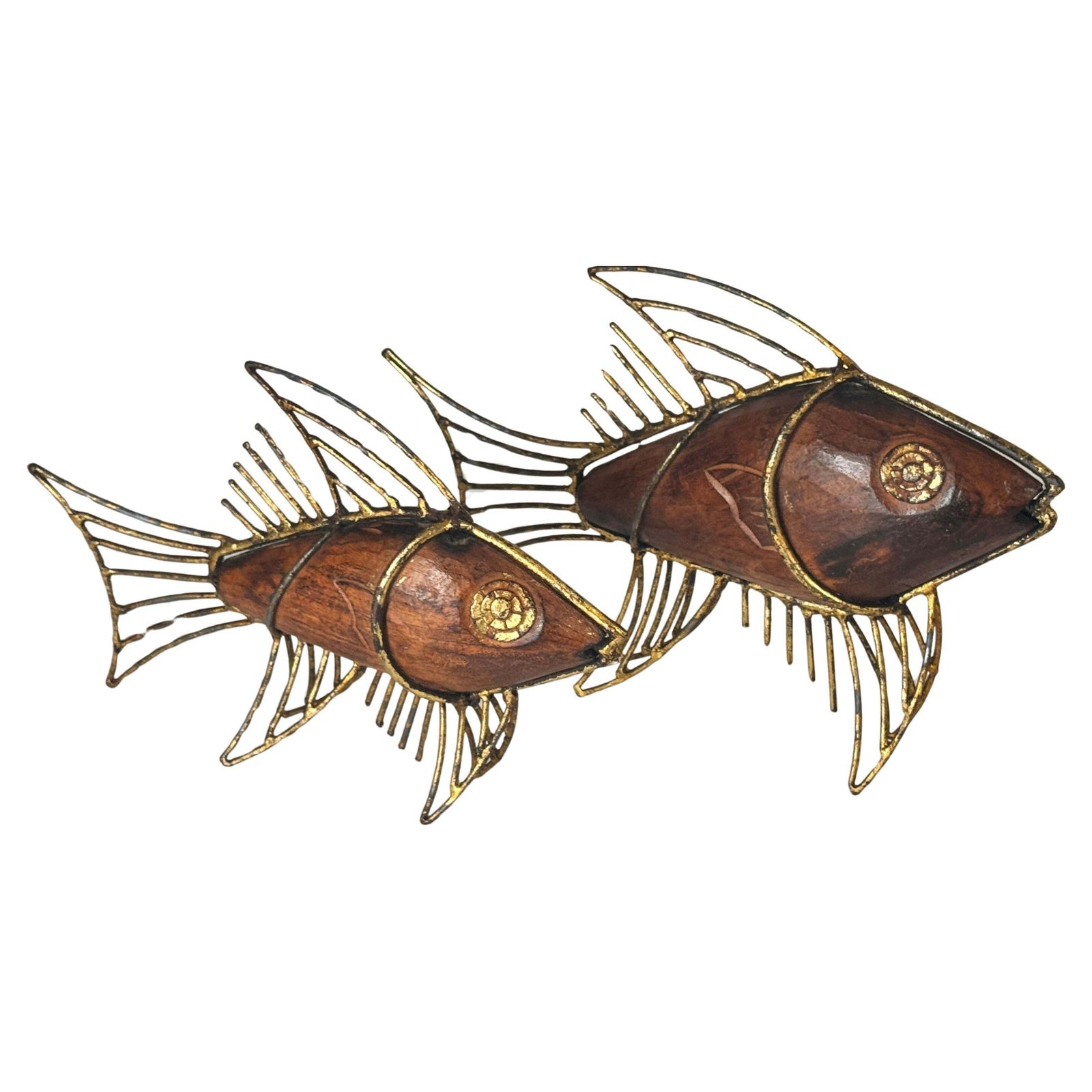 Pair Of 1970s French Fish Sculptures – Wood And Gilded Metal Mid Century Decor