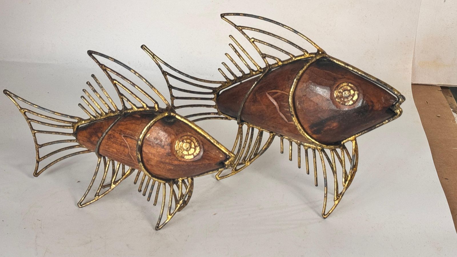 Pair Of 1970s French Fish Sculptures – Wood And Gilded Metal Mid Century Decor photo for sale