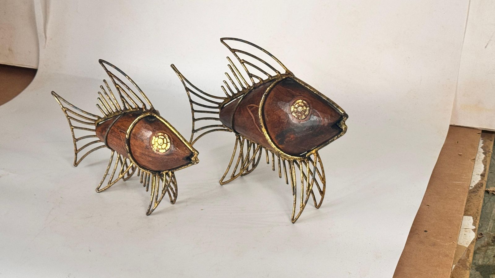 Pair Of 1970s French Fish Sculptures – Wood And Gilded Metal Mid Century Decor photo 478.0