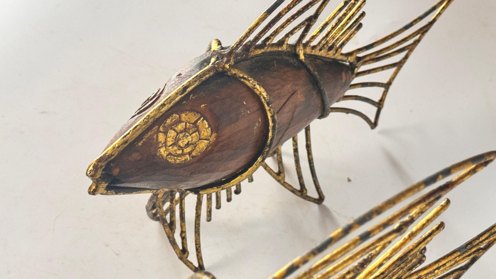 Art Pair Of 1970s French Fish Sculptures – Wood And Gilded Metal Mid Century Decor photo