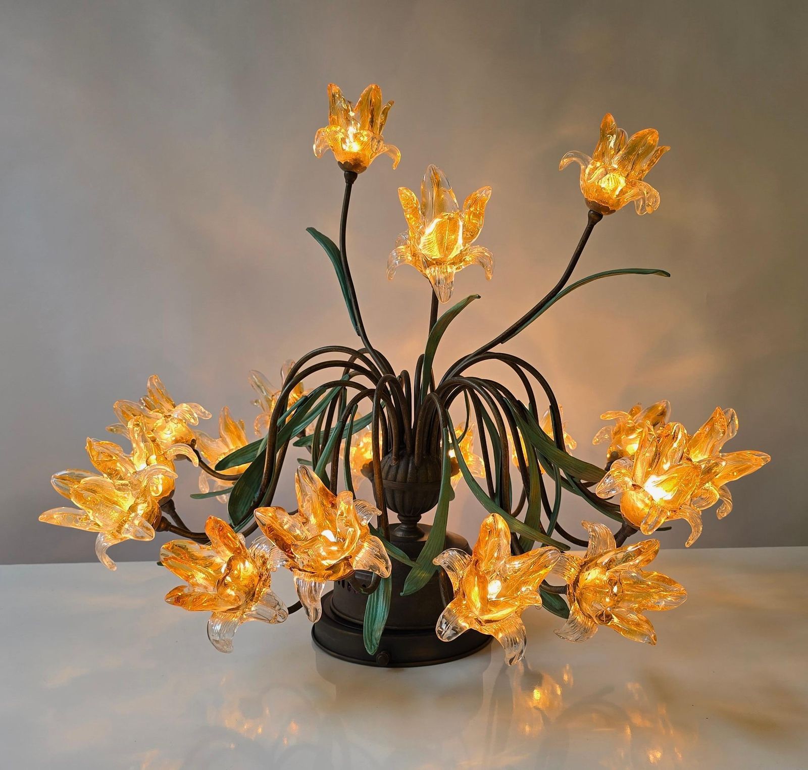 Italian Murano Style Semi Flush Mount Chandelier With 19 Glass Flowers photo for sale