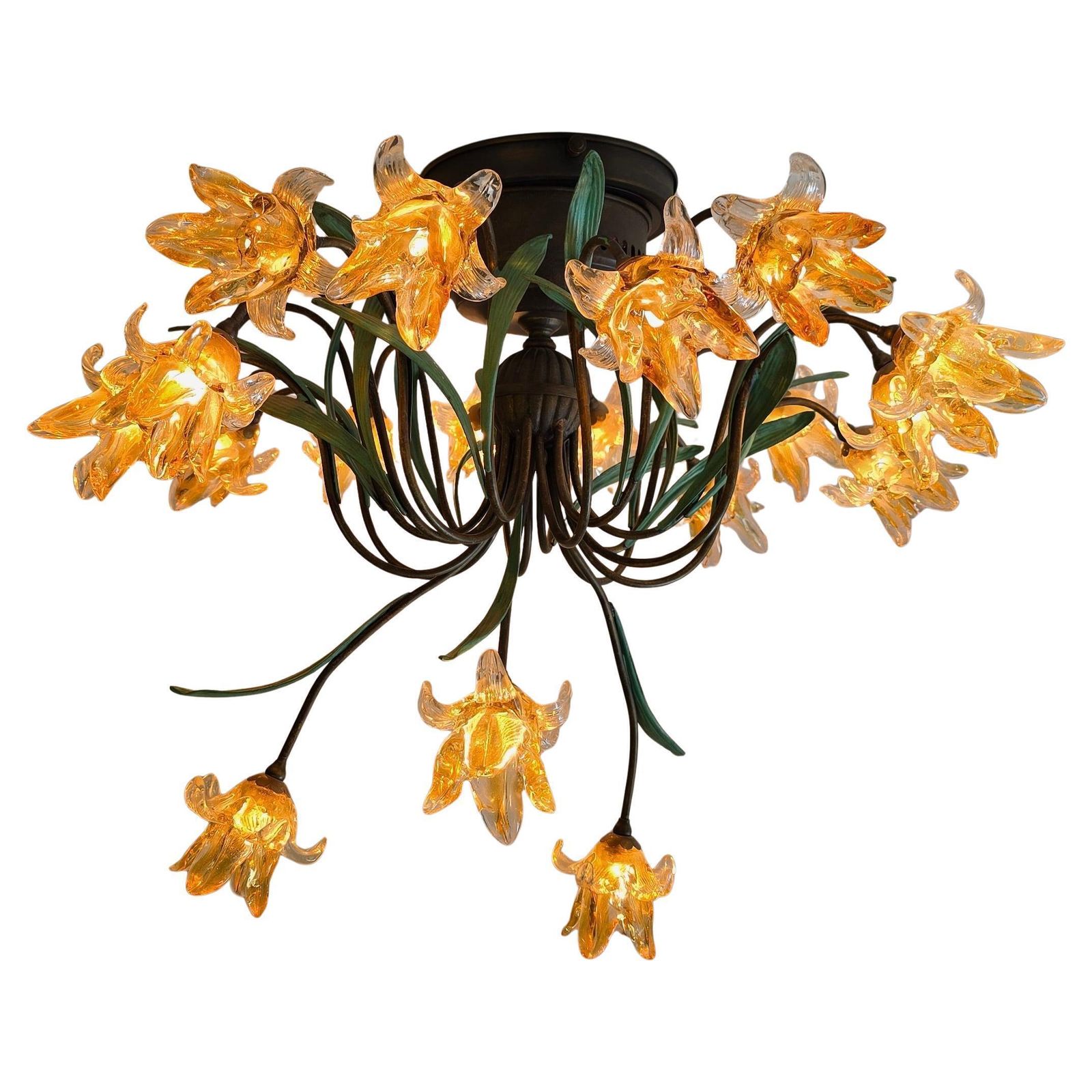 Italian Murano Style Semi Flush Mount Chandelier With 19 Glass Flowers photo vintage