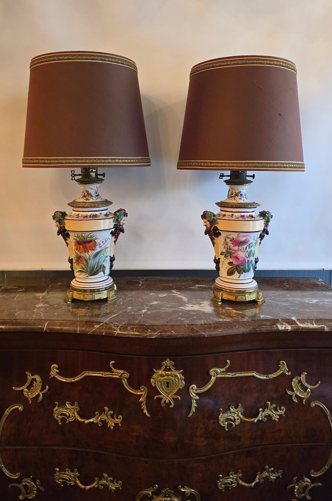 Porcelain Oil Lamps Converted To Table Lamps With Bacchus Masks, Circa 1870 photo 6010.0