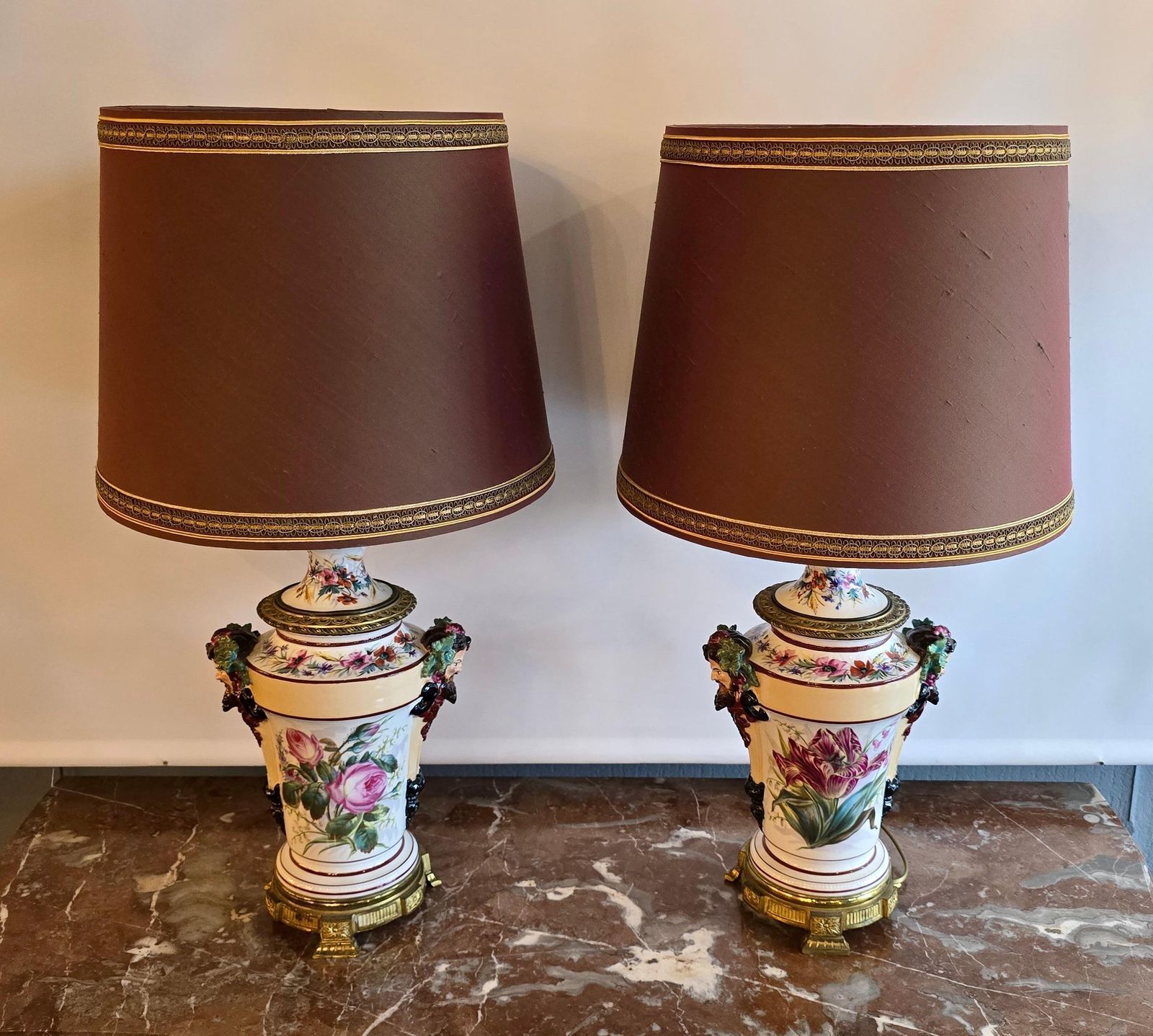 Porcelain Oil Lamps Converted To Table Lamps With Bacchus Masks, Circa 1870 photo buy