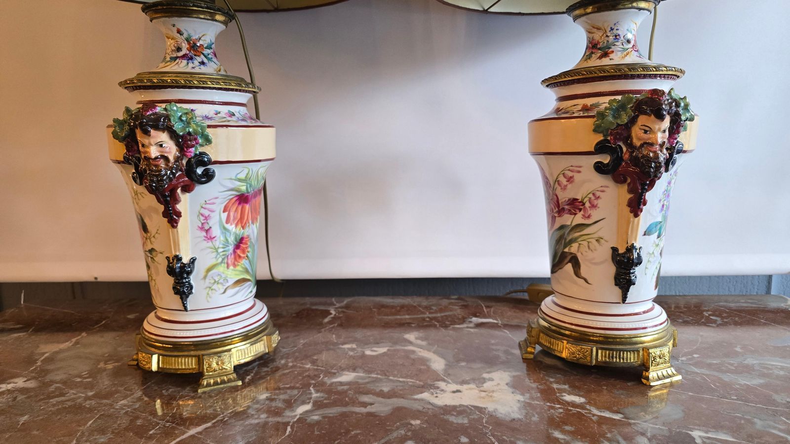 Lighting Porcelain Oil Lamps Converted To Table Lamps With Bacchus Masks, Circa 1870 photo
