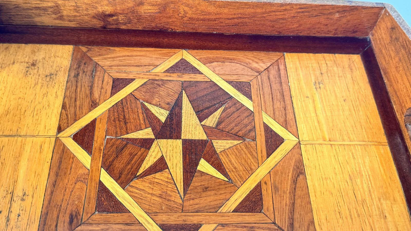 Art Deco Wooden Tray With Geometric Marquetry – France, 1940s photo vintage