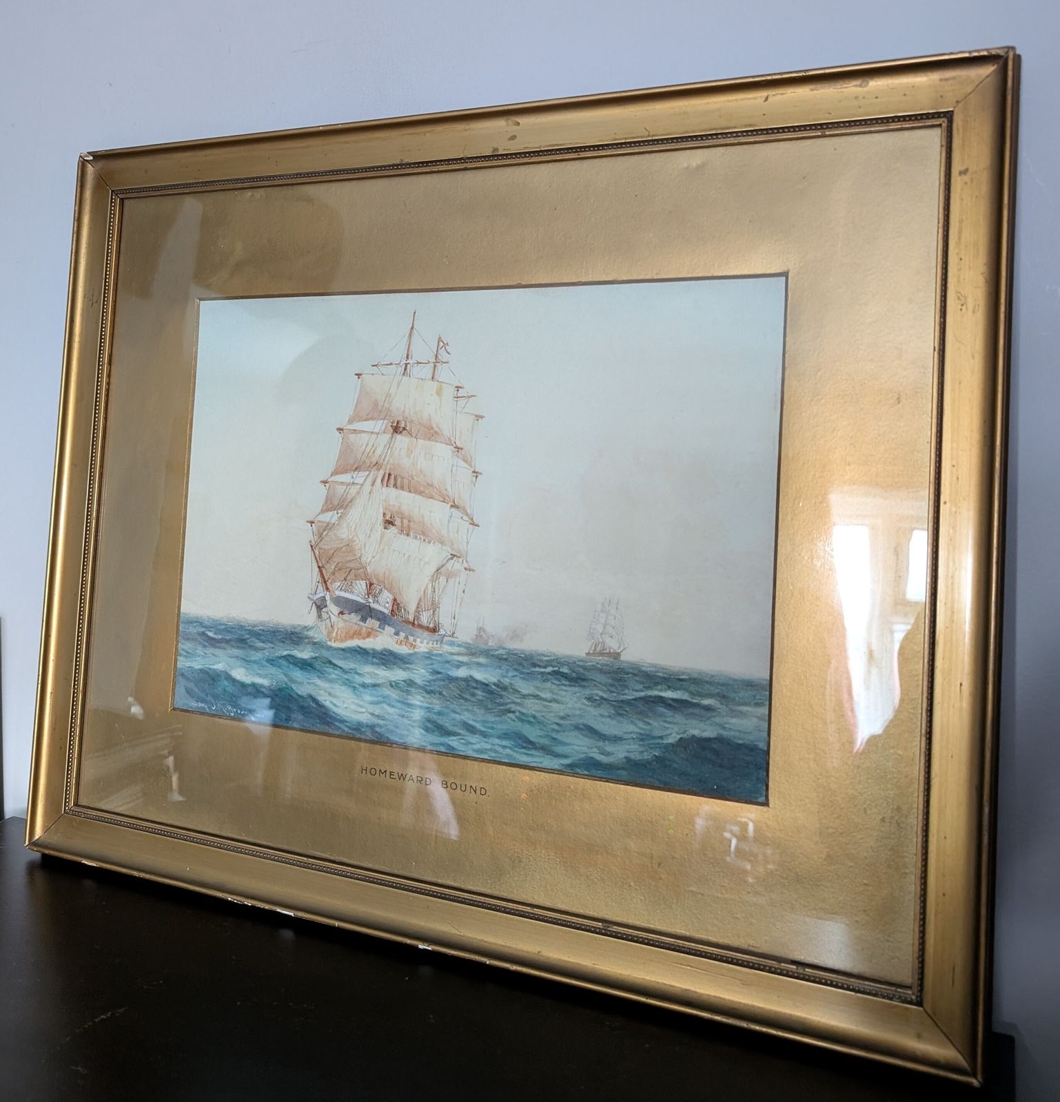 Antique Samuel John Milton Brown Framed Watercolour Painting Homeward Bound Ship photo for sale