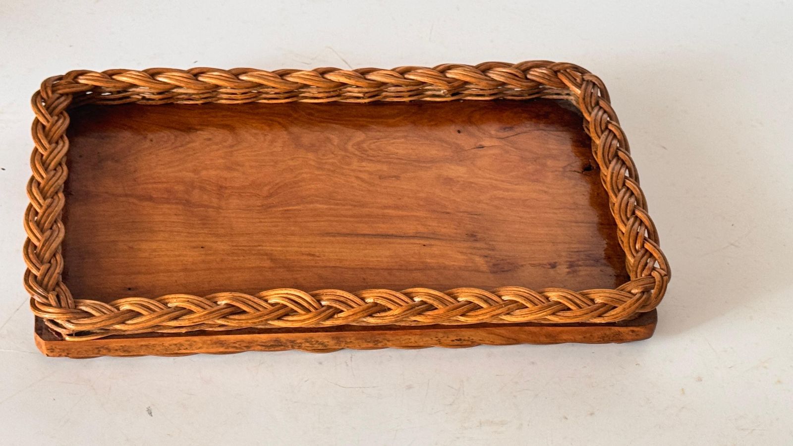 Olive Wood And Woven Reed Serving Tray – France, 1970s photo Home Decor