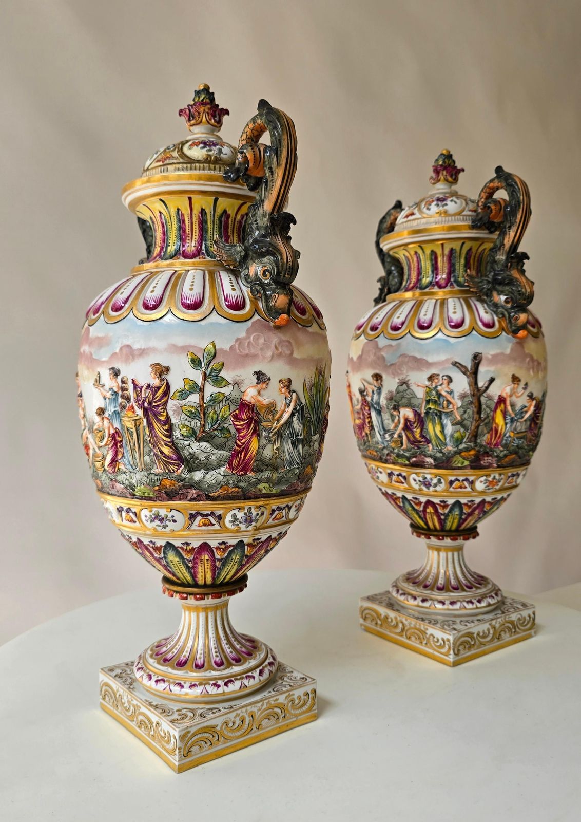 Pair Of 19th Century Capodimonte Porcelain Urns Vazes With Mythological Reliefs photo Home Decor