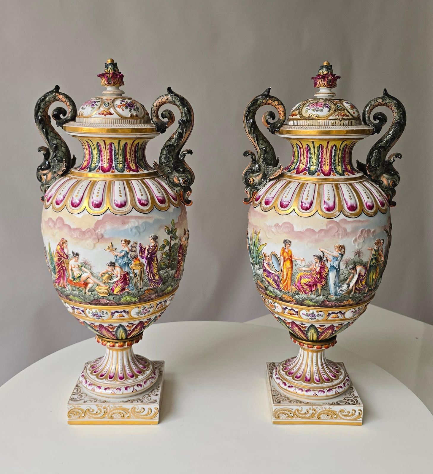 photo furniture Pair Of 19th Century Capodimonte Porcelain Urns Vazes With Mythological Reliefs
