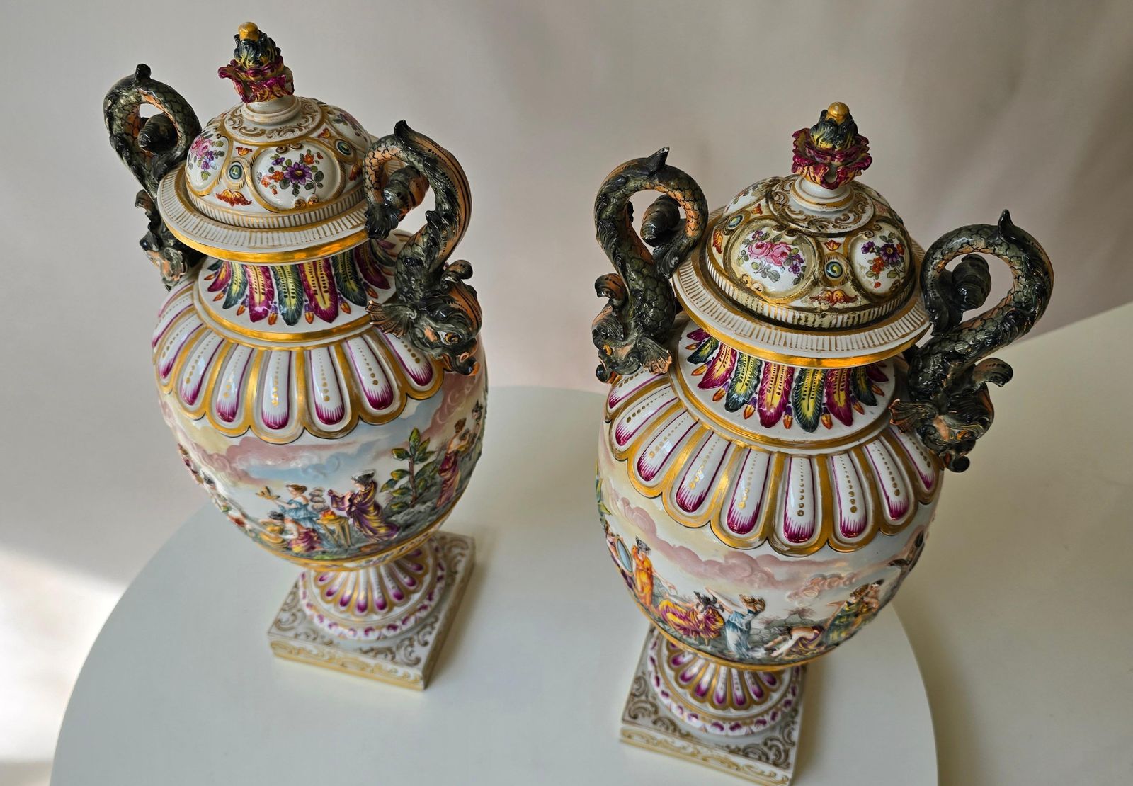 Home Decor Pair Of 19th Century Capodimonte Porcelain Urns Vazes With Mythological Reliefs photo