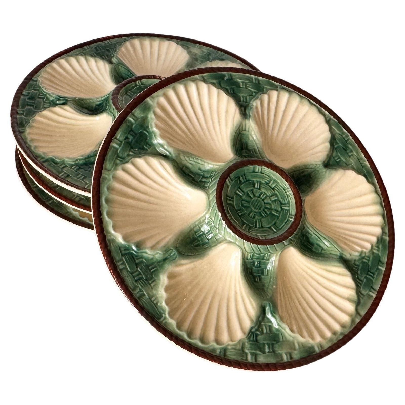 Set Of 4 Oyster Plates – Majolica, 19th Century – Green, White & Brown Glaze