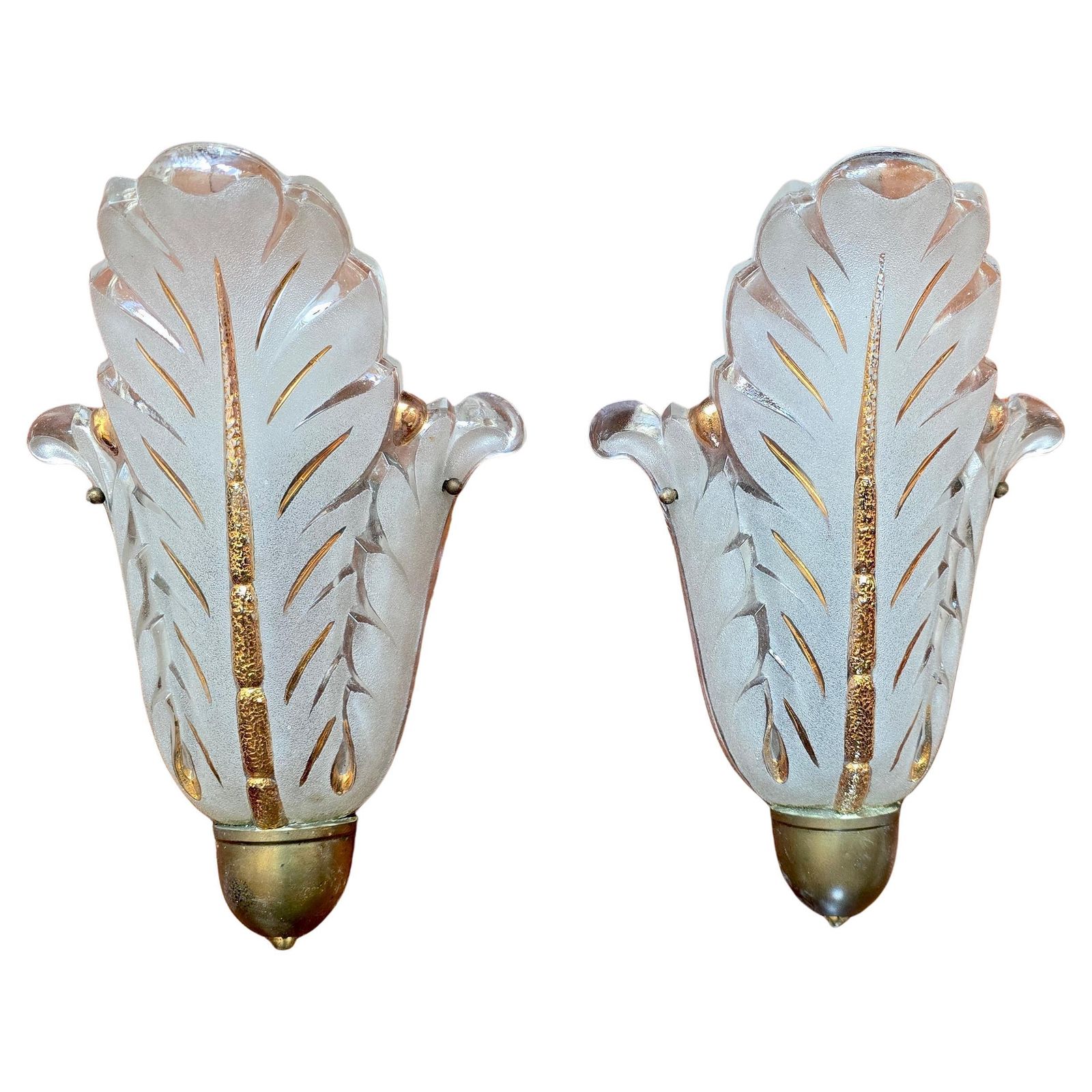 Pair Of Murano Glass Wall Sconces, Leaf Design With Gold Details, Italy, 1950s photo 3580.0