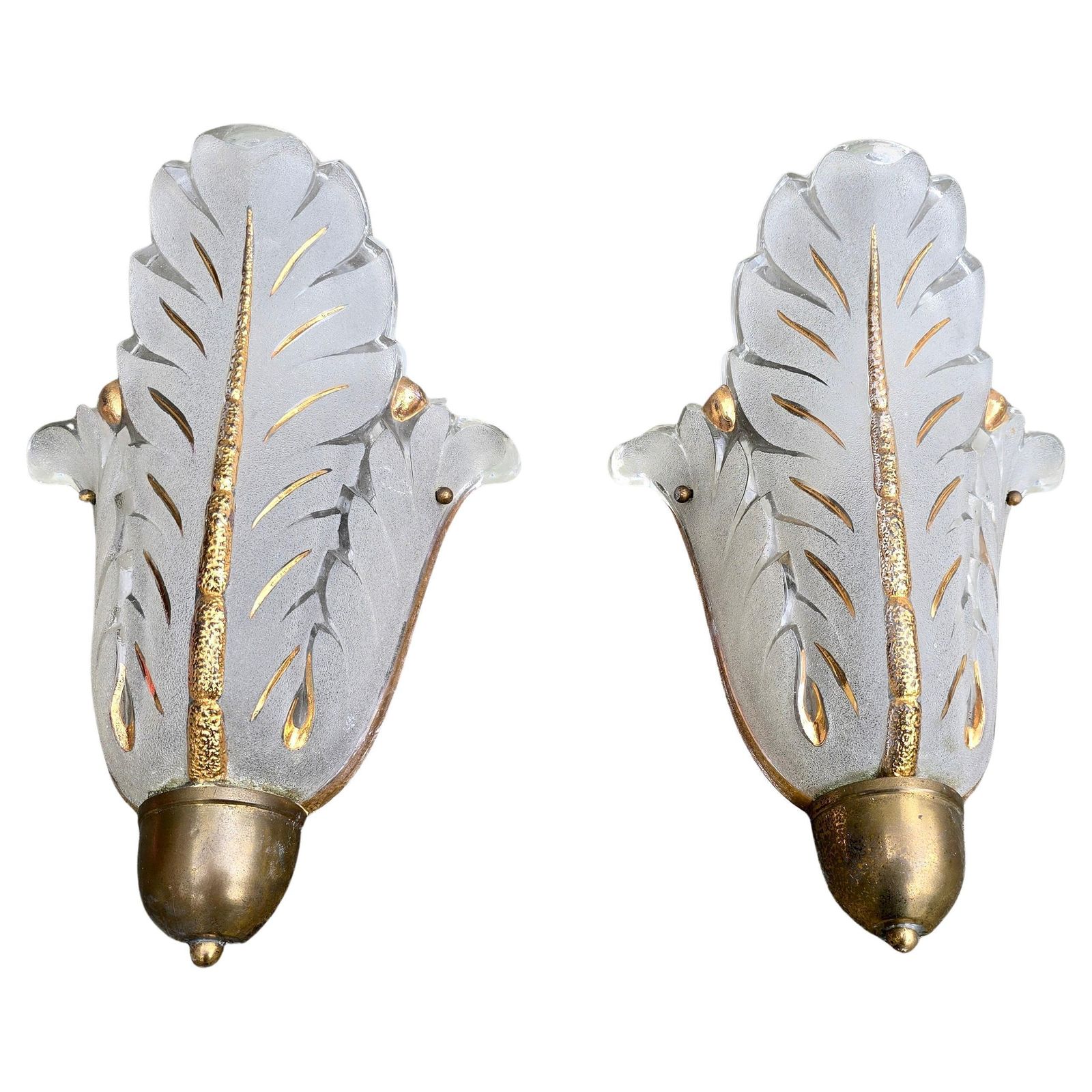 Pair Of Murano Glass Wall Sconces, Leaf Design With Gold Details, Italy, 1950s photo buy