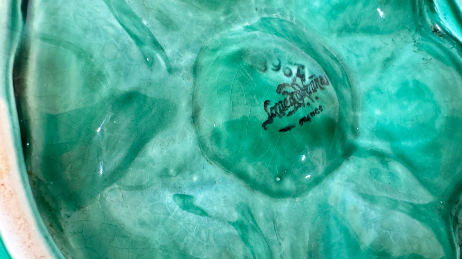 Set Of 4 French Green Majolica Plates – Sarreguemines Manufacture – 20th Century photo vintage