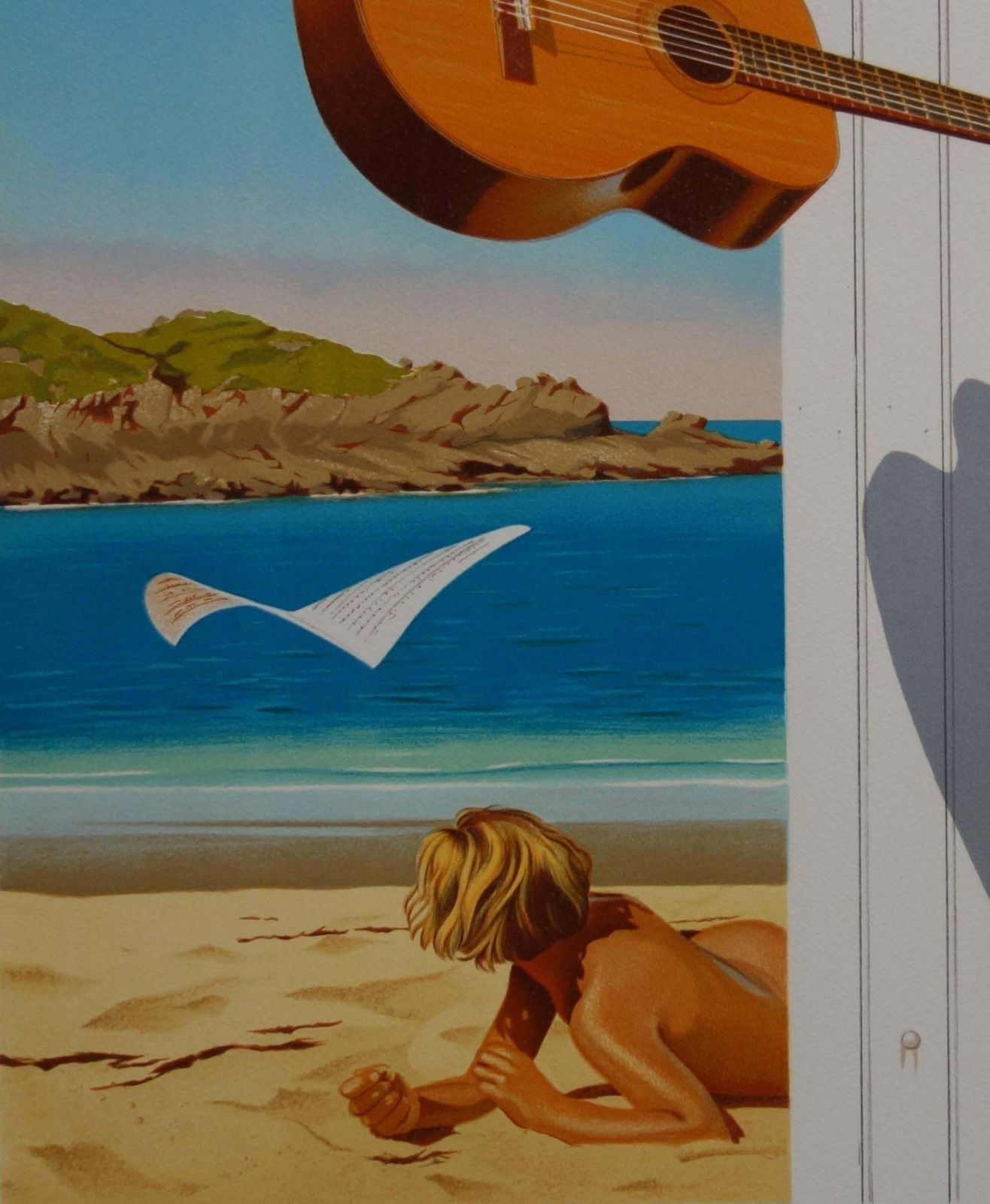Jean Pierre Henautsurrealist Beach & Guitar   Original Handsigned Lithograph photo Art