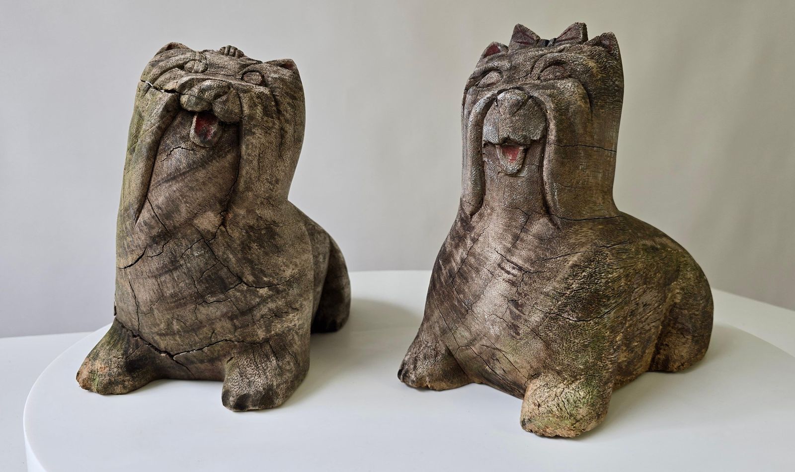 Pair Of Antique Folk Art Carved Wooden Maltese Dog Sculptures photo buy