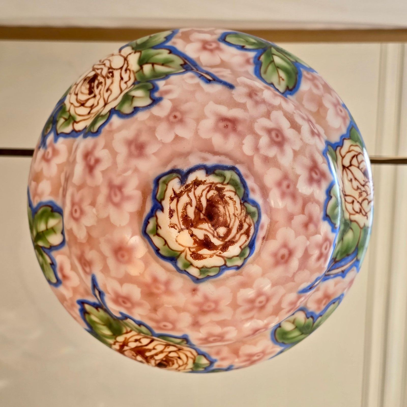 Art Deco Floral Glass Pendant Light, Hand Painted Thin Pressed Glass Shade, 1920 photo vinterior