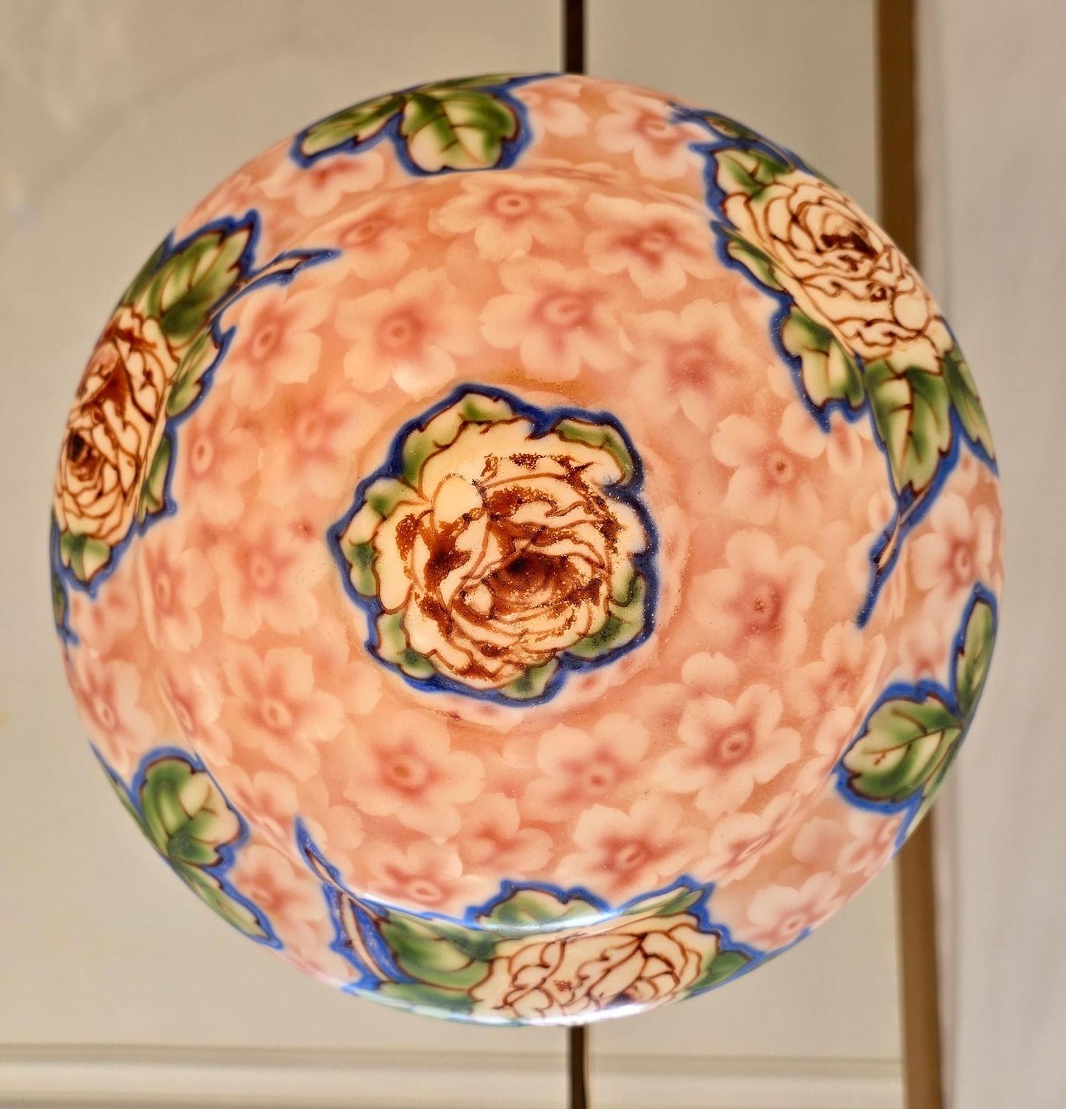 Art Deco Floral Glass Pendant Light, Hand Painted Thin Pressed Glass Shade, 1920 photo buy