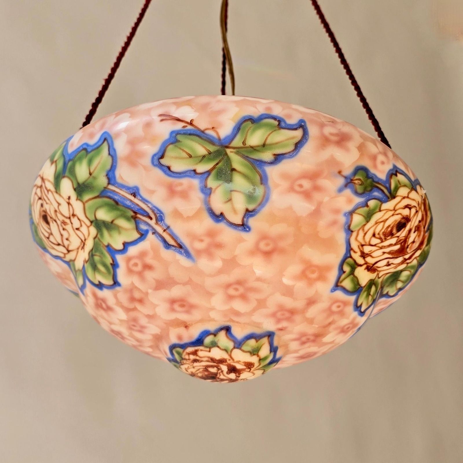 Art Deco Floral Glass Pendant Light, Hand Painted Thin Pressed Glass Shade, 1920 photo vintage