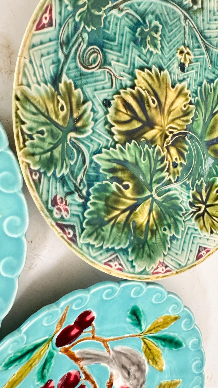 Set Of Three 19th Century French Majolica Plates – Birds, Vegetation & Fruits photo buy