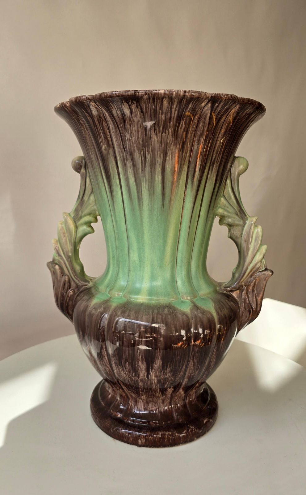 Large German Ceramic Fat Lava Vase, Drip Glaze Brown & Green, 1950s photo for sale