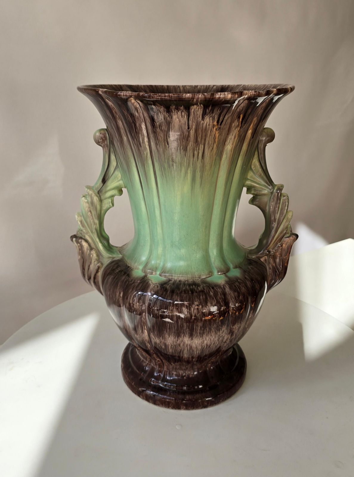 Large German Ceramic Fat Lava Vase, Drip Glaze Brown & Green, 1950s photo vinterior