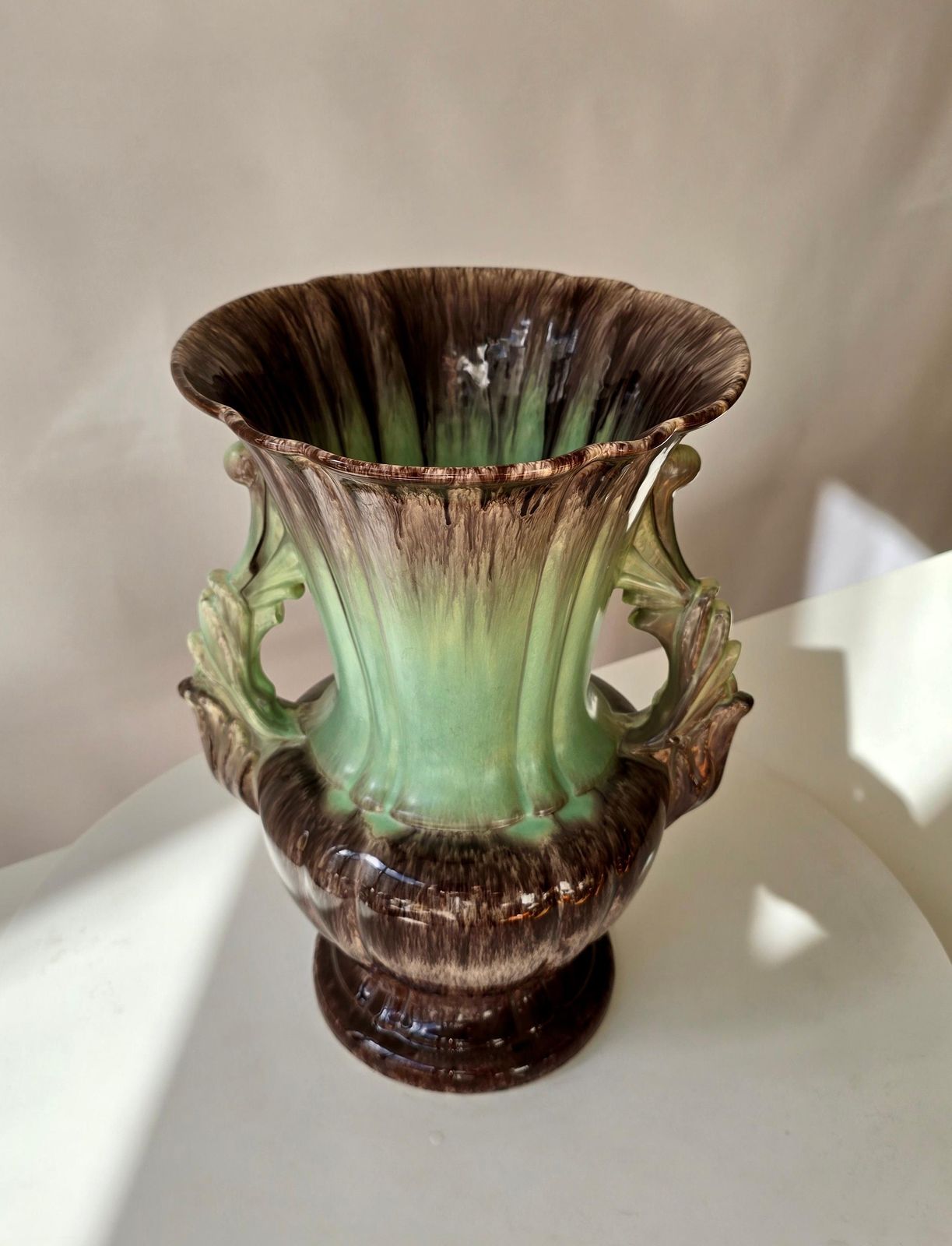 Large German Ceramic Fat Lava Vase, Drip Glaze Brown & Green, 1950s photo buy