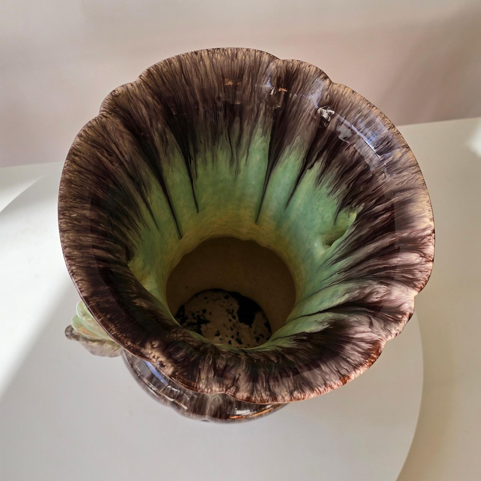 photo for sale Large German Ceramic Fat Lava Vase, Drip Glaze Brown & Green, 1950s