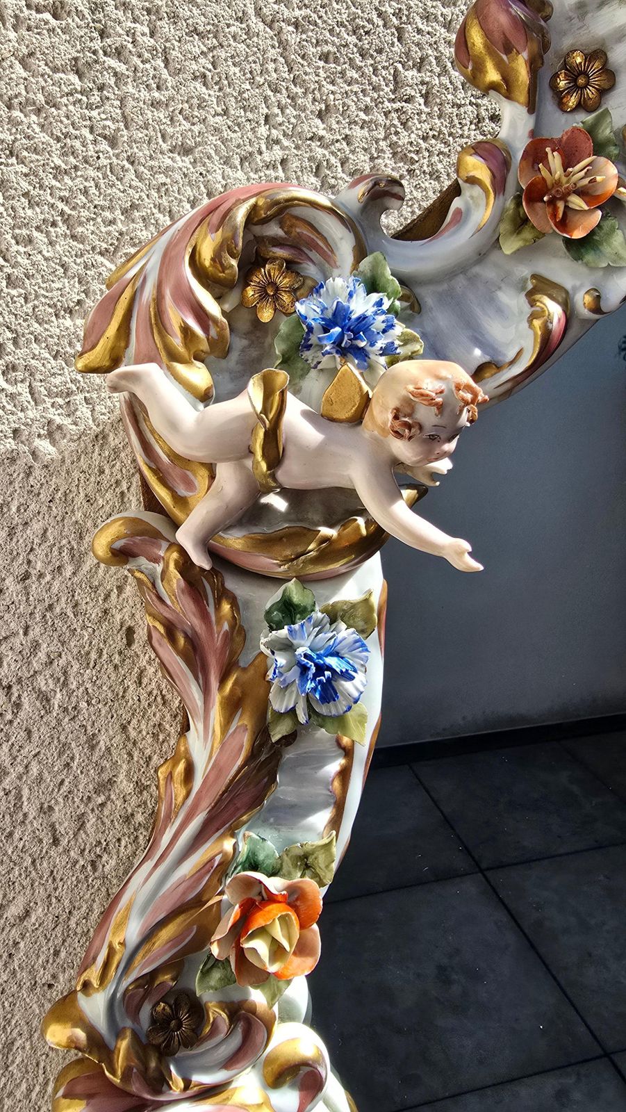 photo furniture Large Italian Capodimonte Porcelain Hollywood Regency Mirror With Cherubs