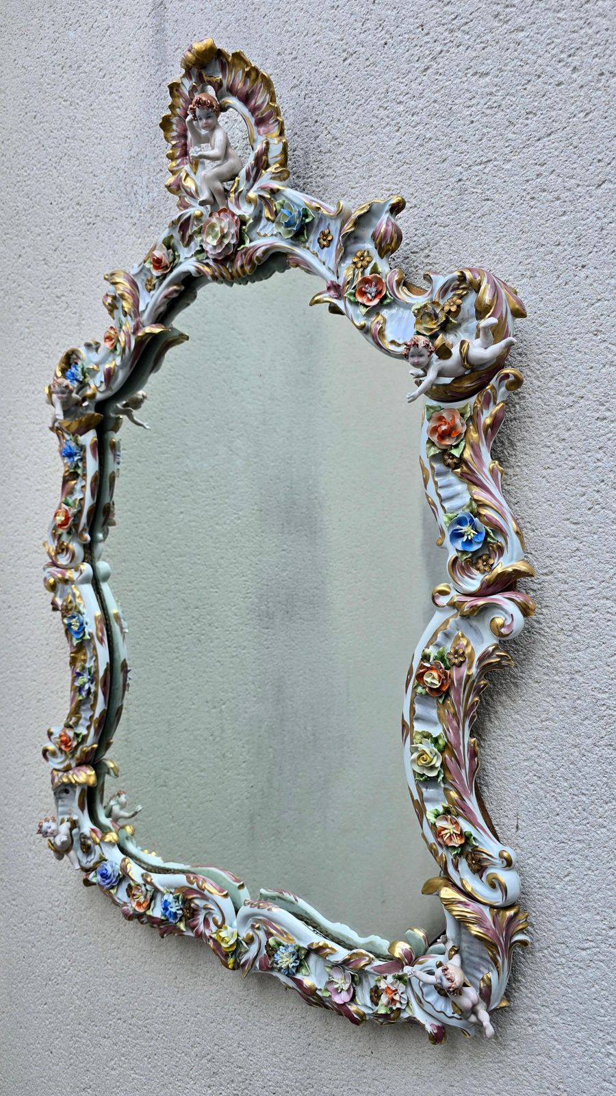 photo buy Large Italian Capodimonte Porcelain Hollywood Regency Mirror With Cherubs