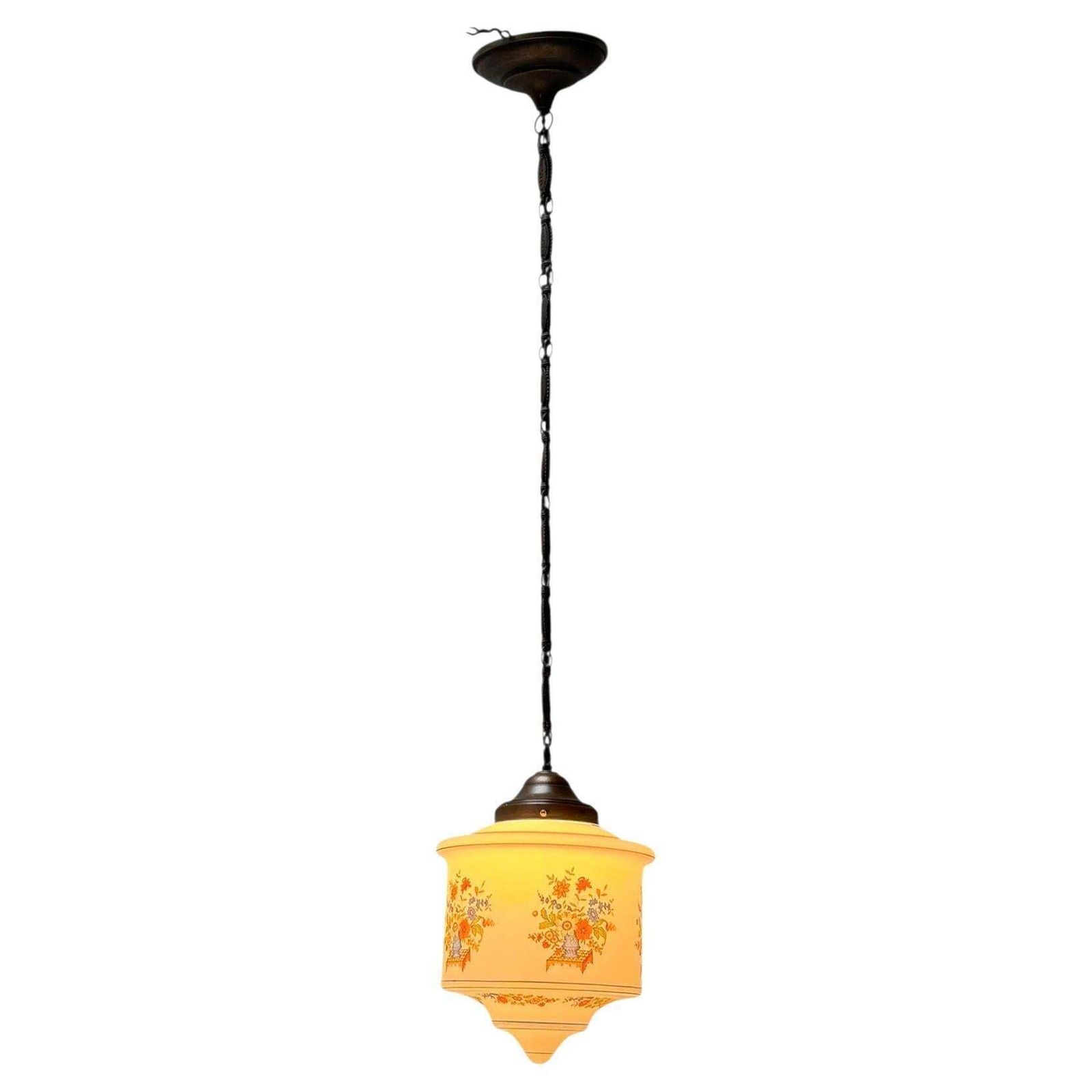 Art Nouveau Pendant Light With Original Hand Painted Glass Shade, 1900s