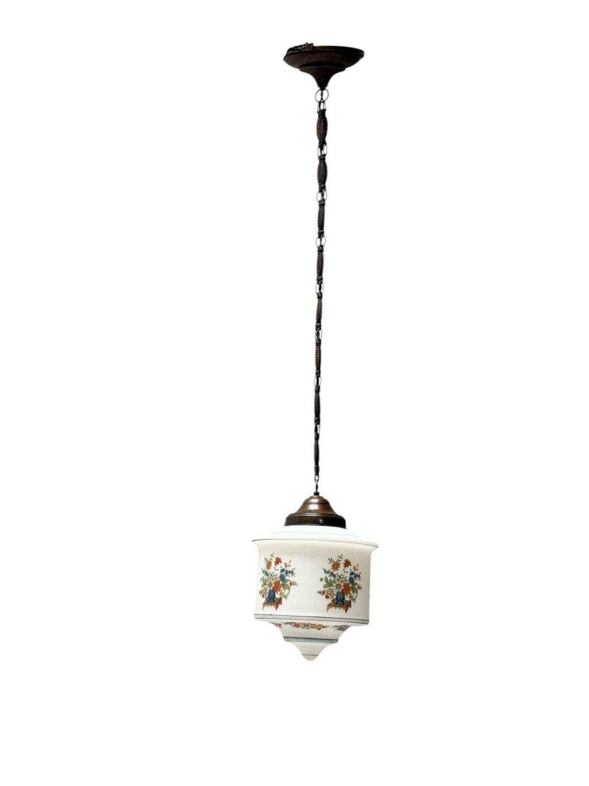 Art Nouveau Pendant Light With Original Hand Painted Glass Shade, 1900s photo Lighting