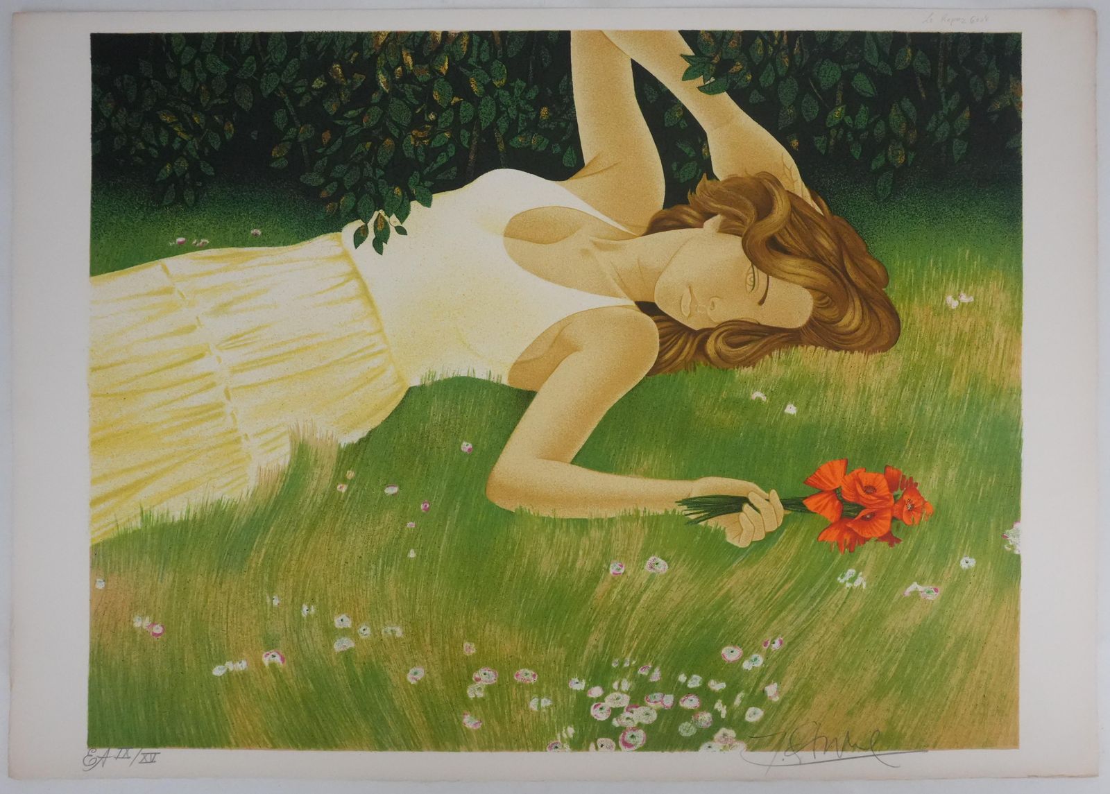 Yves Gannewoman Lying Down Among Poppies   Original Lithograph Signed