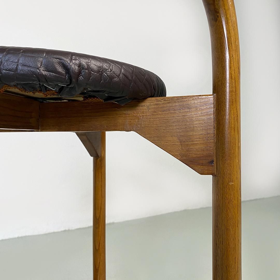 Italian Mid Century Modern Wooden Structure & Faux Leather Seat High Stool 1970s photo 305.0