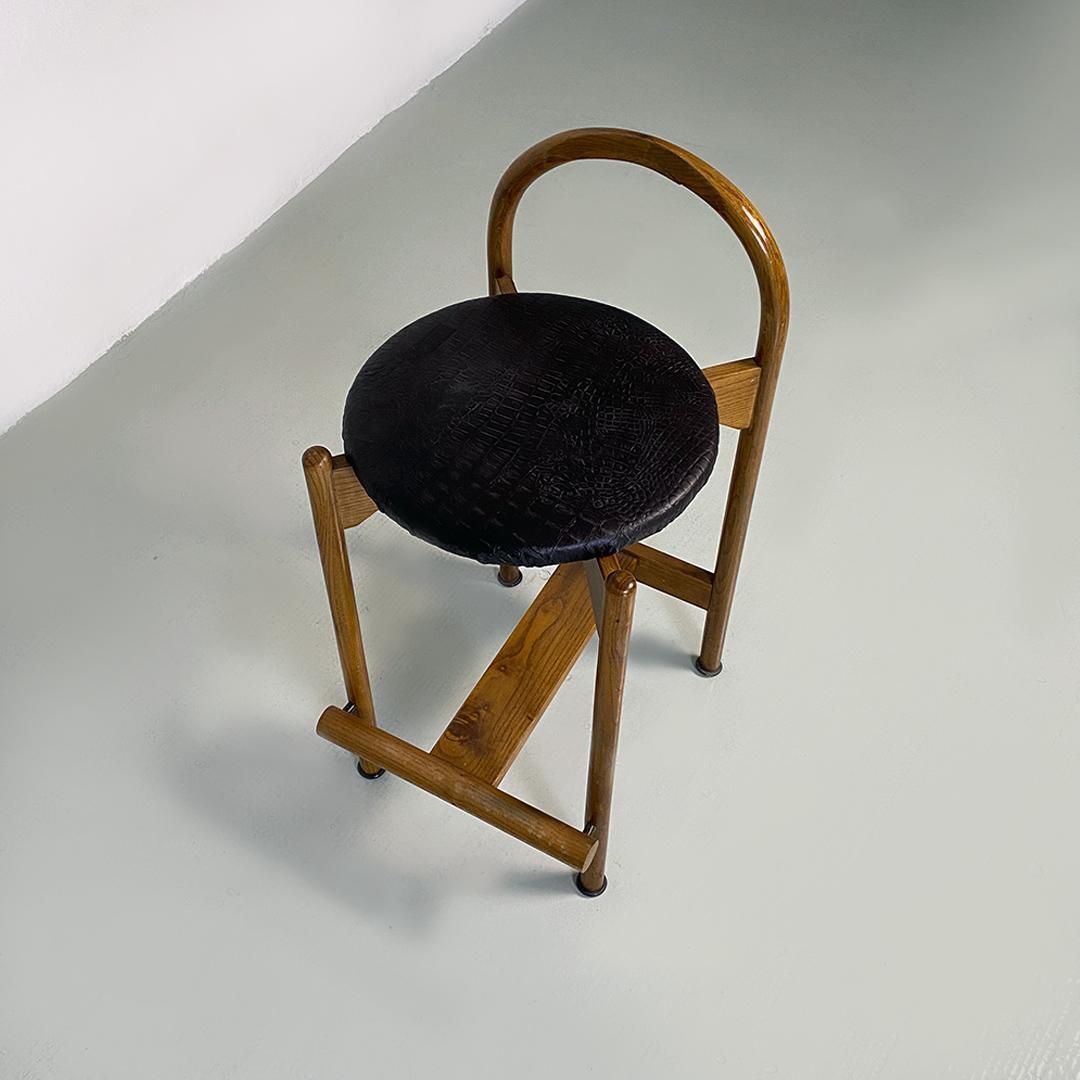 photo furniture Italian Mid Century Modern Wooden Structure & Faux Leather Seat High Stool 1970s