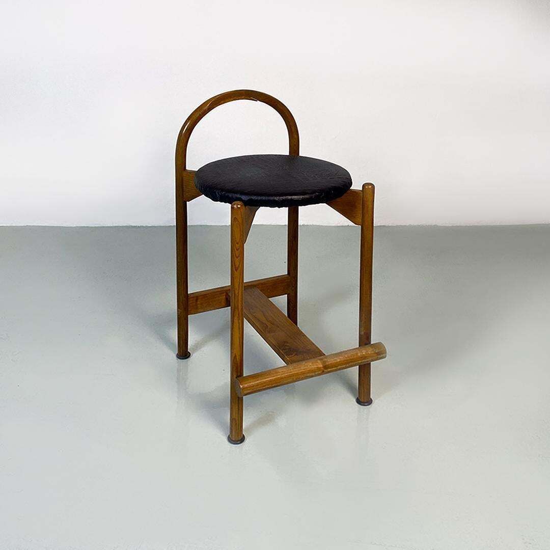 photo vinterior Italian Mid Century Modern Wooden Structure & Faux Leather Seat High Stool 1970s