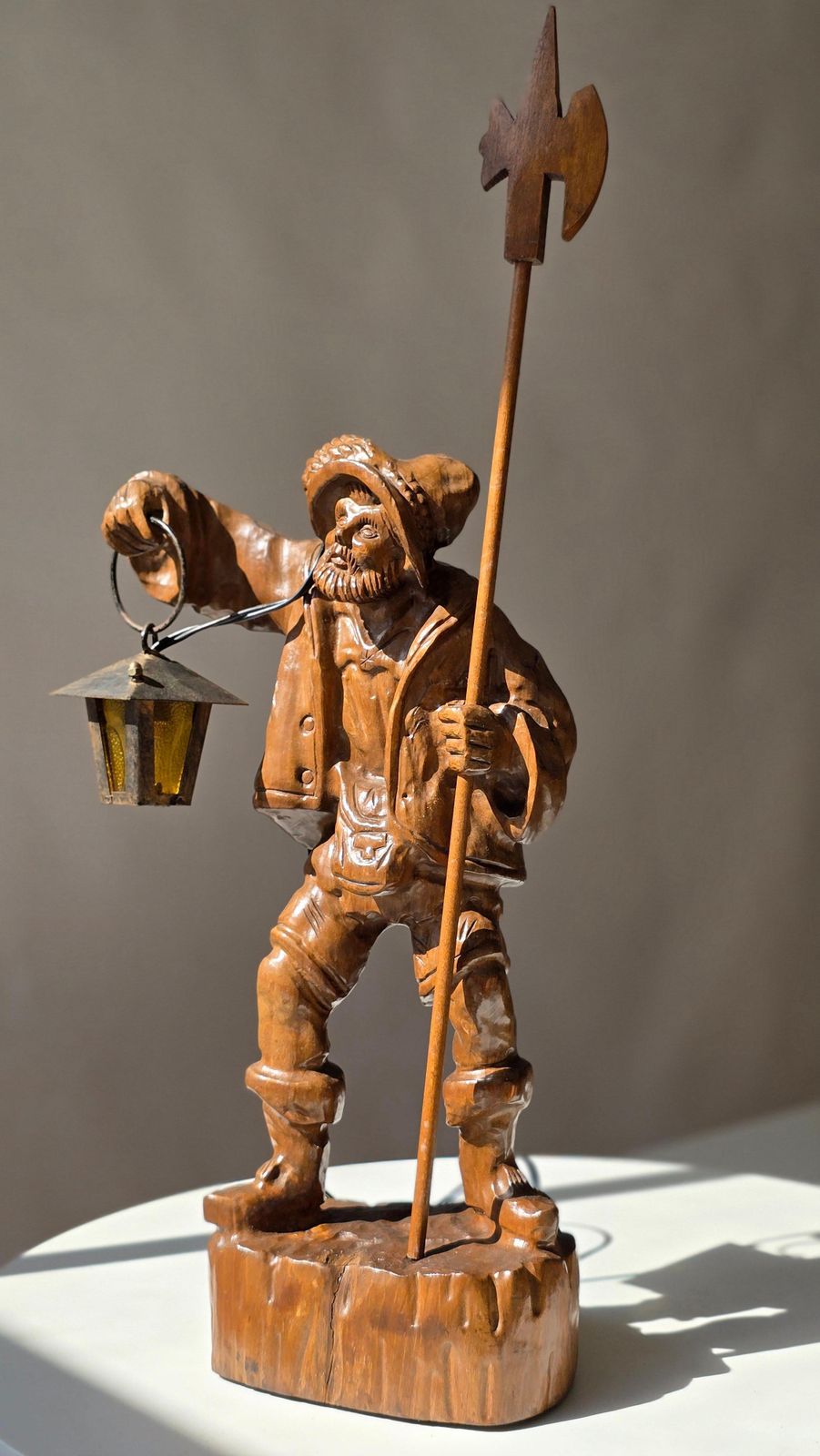 Black Forest Hand Carved Wooden Night Watchman Lamp, Circa 1950s photo for sale
