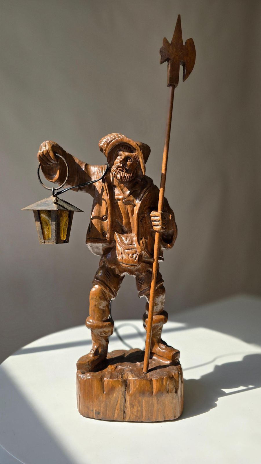 Black Forest Hand Carved Wooden Night Watchman Lamp, Circa 1950s photo buy