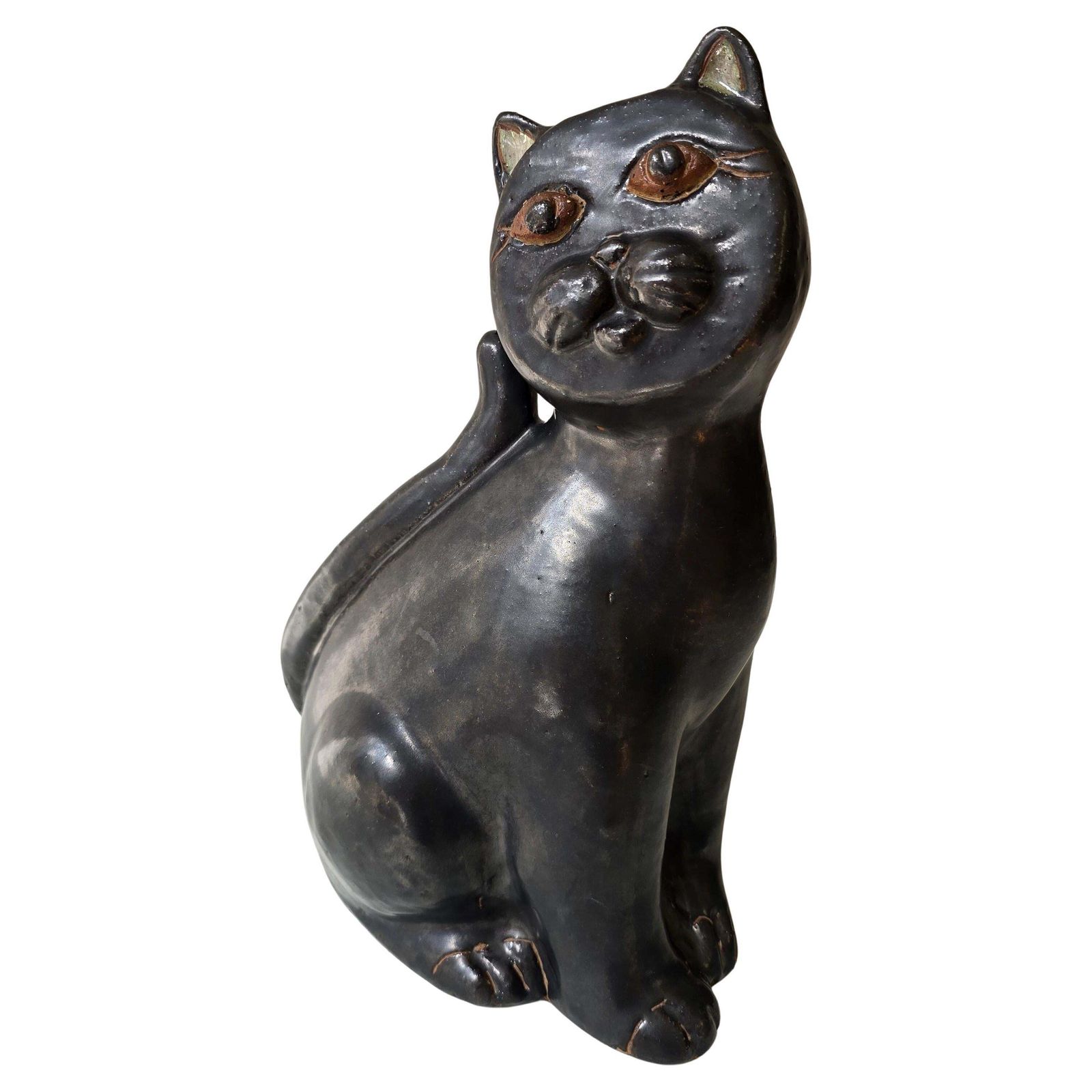 Black Ceramic Cat Sculpture, Mid Century Modern, In The Style Of Vallauris