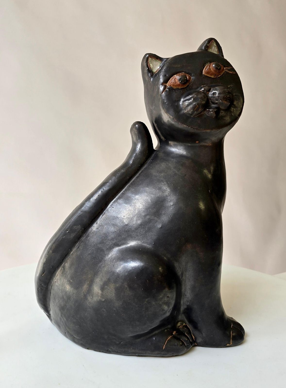 Black Ceramic Cat Sculpture, Mid Century Modern, In The Style Of Vallauris photo vinterior
