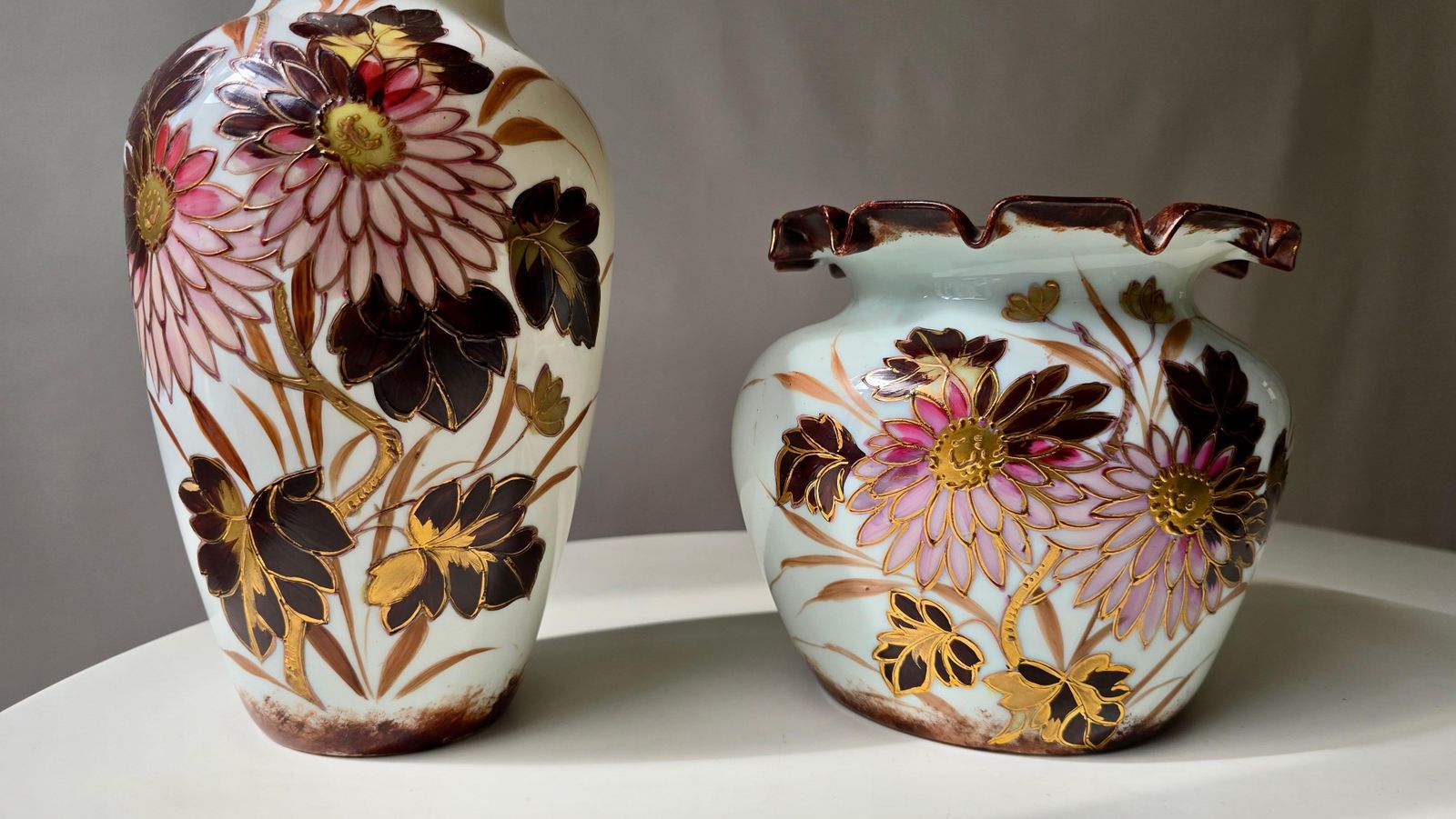 Pair Of French Art Nouveau Opaline Glass Vases With Enamel And Gilt Decoration photo Home Decor