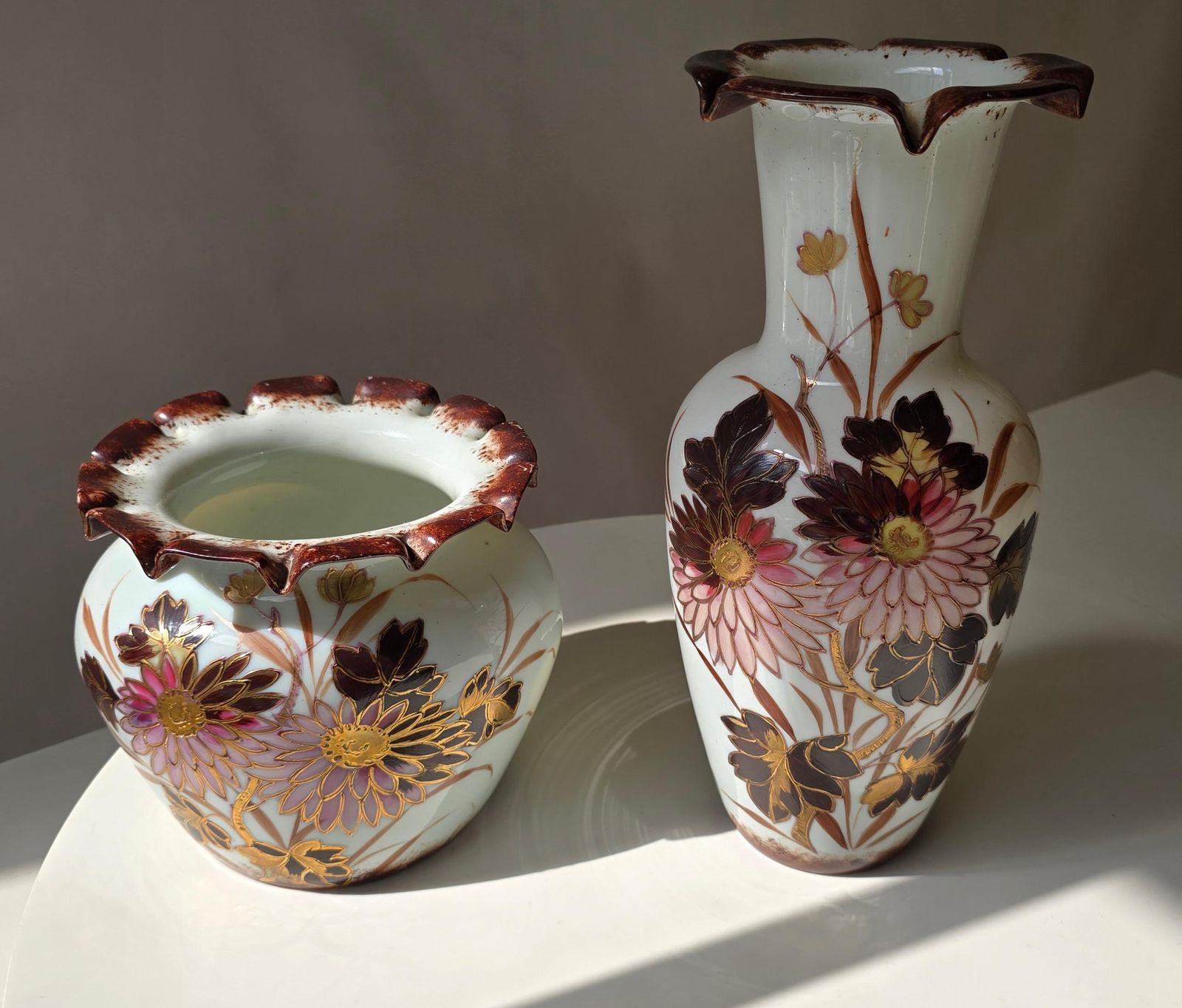 Pair Of French Art Nouveau Opaline Glass Vases With Enamel And Gilt Decoration photo vinterior